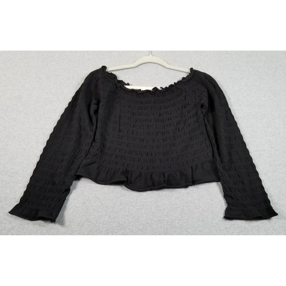 NEW Krush Smock Crop Top Girls L Large Black Long Sleeve Stretch Casual Blouse